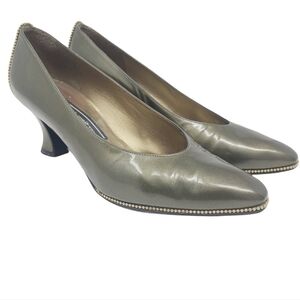 Stuart Weitzman | Vintage Olive Green Leather Heels with Gold Trim (Size 7)